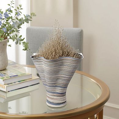 Kerya Decorative Vase, 16 Inch White Blue Striped, Wavy Rim Porcelain