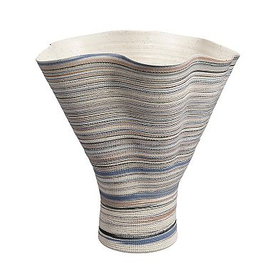 Kerya Decorative Vase, 16 Inch White Blue Striped, Wavy Rim Porcelain