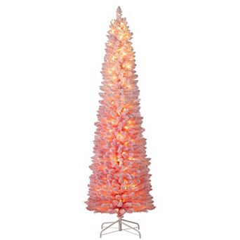 Costway 6/7 FT Snow-flocked Artificial Pink Christmas Tree with 140 Lights & 392 Branch Tips