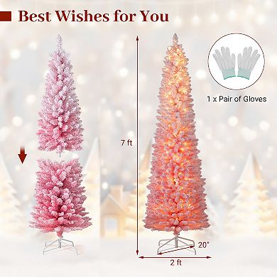 Costway 6/7 FT Snow-flocked Artificial Pink Christmas Tree with 140 Lights & 392 Branch Tips