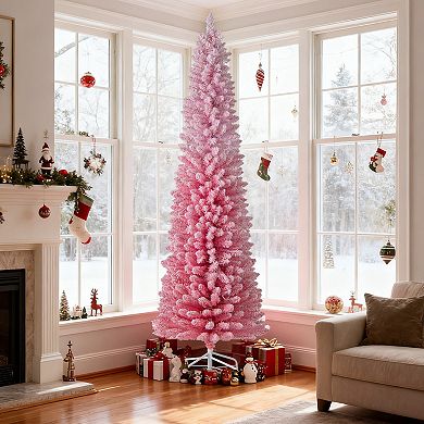 Costway 6/7 FT Snow-flocked Artificial Pink Christmas Tree with 140 Lights & 392 Branch Tips