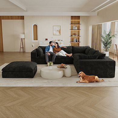 Whisen 118.2'' 6-Seat V-Shaped Cloud Sofa Deep Seat Couch with Ottoman