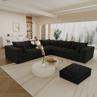 Whisen 118.2'' 6-Seat V-Shaped Cloud Sofa Deep Seat Couch with Ottoman