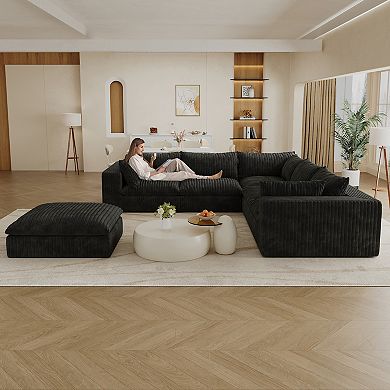 Whisen 118.2'' 6-Seat V-Shaped Cloud Sofa Deep Seat Couch with Ottoman