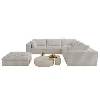 Whisen 118.2'' 6-Seat V-Shaped Cloud Sofa Deep Seat Couch with Ottoman