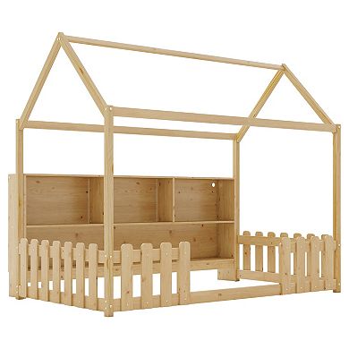 Whisen Wooden Twin Size House Bed with LED Light, Storage Bookshelf & Guardrails for Kids