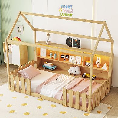 Whisen Wooden Twin Size House Bed with LED Light, Storage Bookshelf & Guardrails for Kids