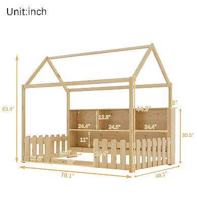 Whisen Wooden Twin Size House Bed with LED Light, Storage Bookshelf & Guardrails for Kids