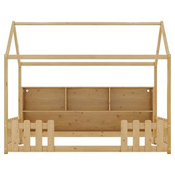 Whisen Wooden Twin Size House Bed with LED Light, Storage Bookshelf & Guardrails for Kids
