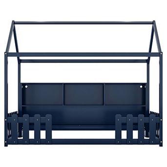 Whisen Wooden Twin Size House Bed with LED Light, Storage Bookshelf & Guardrails for Kids