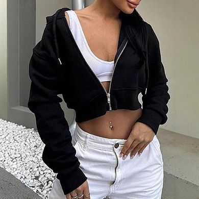 Women Casual Trendy Long Sleeve Full Zip Up Hooded Cardigan Sweatshirt Sports Gym Coat