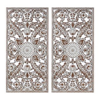 2 pc Botanical Panel Distressed Carved Wood Wall Decor Set