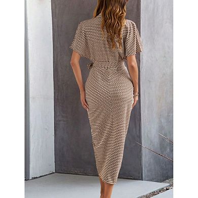 Women V-neck Short Sleeve Button Down Dresses Midi Shirt Dress with Belt