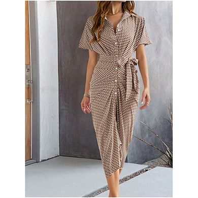 Women V-neck Short Sleeve Button Down Dresses Midi Shirt Dress with Belt