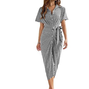 Women V-neck Short Sleeve Button Down Dresses Midi Shirt Dress with Belt