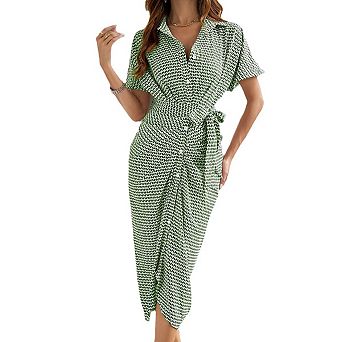 Women V-neck Short Sleeve Button Down Dresses Midi Shirt Dress with Belt