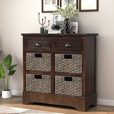 Whisen Rustic Storage Cabinet with Two Drawers and Four Classic Rattan Basket