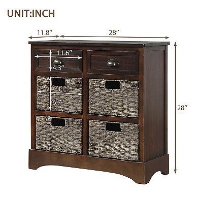 Whisen Rustic Storage Cabinet with Two Drawers and Four Classic Rattan Basket