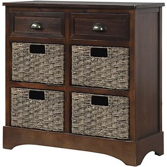 Whisen Rustic Storage Cabinet with Two Drawers and Four Classic Rattan Basket
