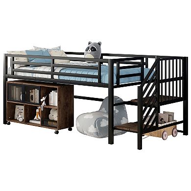 Whisen Twin Metal Loft Bed with Storage Cubby & Stairs for Kids, Safety Design