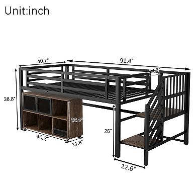 Whisen Twin Metal Loft Bed with Storage Cubby & Stairs for Kids, Safety Design