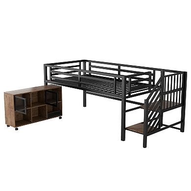 Whisen Twin Metal Loft Bed with Storage Cubby & Stairs for Kids, Safety Design