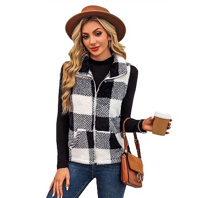 Women's Plaid Zip Front Vest Sleeveless Stand Collar Waistcoat for Casual Layering