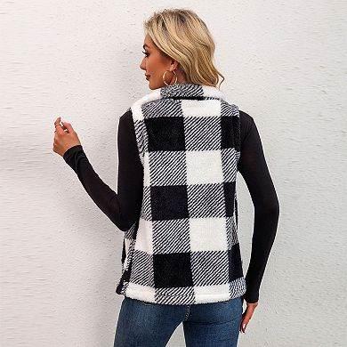 Women's Plaid Zip Front Vest Sleeveless Stand Collar Waistcoat for Casual Layering