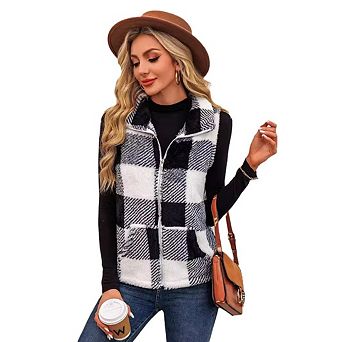 Women's Plaid Zip Front Vest Sleeveless Stand Collar Waistcoat for Casual Layering