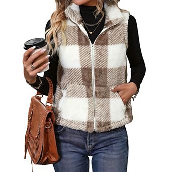 Women's Plaid Zip Front Vest Sleeveless Stand Collar Waistcoat for Casual Layering