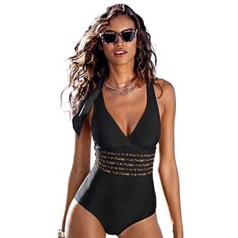 Lascana Women's Leopard Trim Tummy Control One Piece