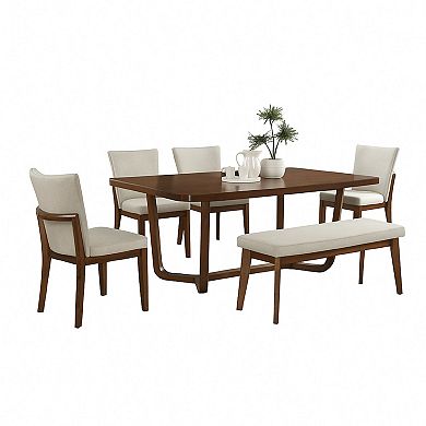 Lere Dining Bench, Beige Fabric, 45 Inch Antique Style Brown Wood