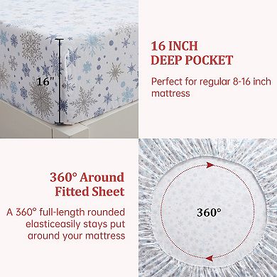 Christmas Sheets Set,100% Cotton Printed Bed Sheet Set with 16" Deep Pocket, Winter Holiday Sheets