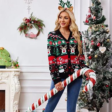 Women's Christmas Button Down Long Sleeve V Neck Cardigan Open Front Knit Pullover Sweater