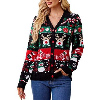 Women's Christmas Button Down Long Sleeve V Neck Cardigan Open Front Knit Pullover Sweater