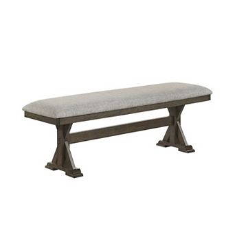 Omal Dining Bench, Brown Wood, 53 Inch Rectangular Gray Fabric Seat