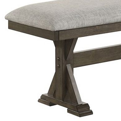 Omal Dining Bench, Brown Wood, 53 Inch Rectangular Gray Fabric Seat