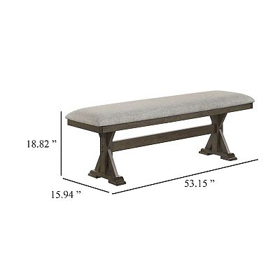 Omal Dining Bench, Brown Wood, 53 Inch Rectangular Gray Fabric Seat
