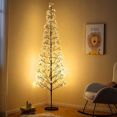 Costway 5/6/7 FT Lighted Alpine Tree w/1000/1500/2100 White LED Lights, Weighted Base for Christmas
