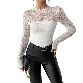 Women's Long Sleeve Blouse Lace Round Neck Back Zipper Fitted Shirt