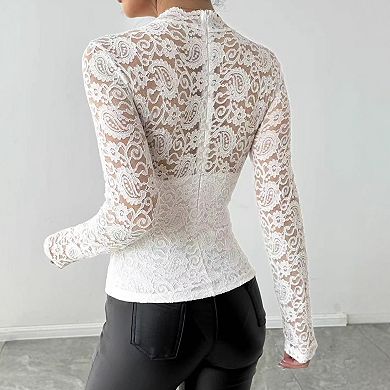 Women's Long Sleeve Blouse Lace Round Neck Back Zipper Fitted Shirt