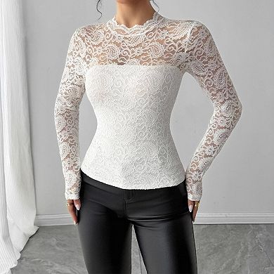 Women's Long Sleeve Blouse Lace Round Neck Back Zipper Fitted Shirt