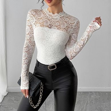 Women's Long Sleeve Blouse Lace Round Neck Back Zipper Fitted Shirt