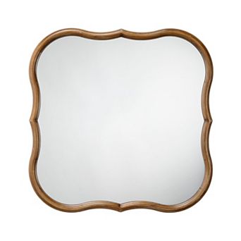 Deri Scalloped Wall Mirror, 31 Inch Brown Frame, Non Beveled Edge