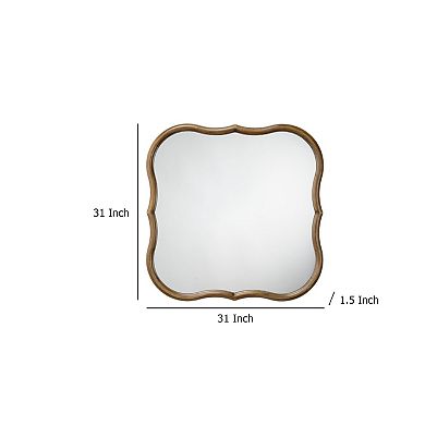 Deri Scalloped Wall Mirror, 31 Inch Brown Frame, Non Beveled Edge