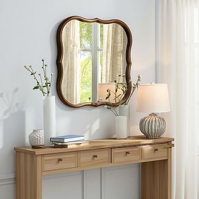 Deri Scalloped Wall Mirror, 31 Inch Brown Frame, Non Beveled Edge