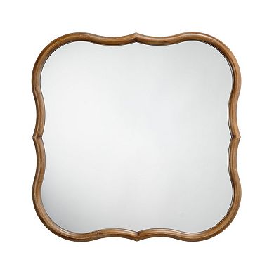 Deri Scalloped Wall Mirror, 31 Inch Brown Frame, Non Beveled Edge