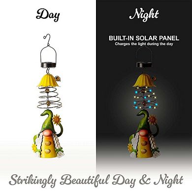 G128 Solar Green Hat Gnome with Sunflowers Garden Gnome Hanging Outdoor Decoration with LED Lights