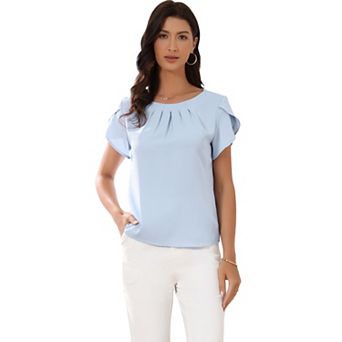 Short Sleeve Top for Women's Casual Blouses Pleated Front Round Neck Summer Basic t Shirts