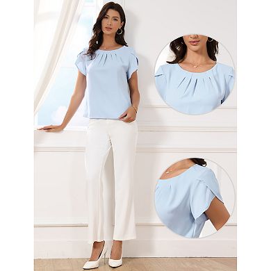 Short Sleeve Top for Women's Casual Blouses Pleated Front Round Neck Summer Basic t Shirts